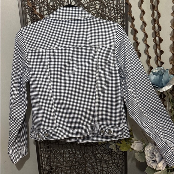Talbots Navy Gingham Cropped Jacket Small | Cotton Stretch Button Front Blazer - Picture 3 of 8
